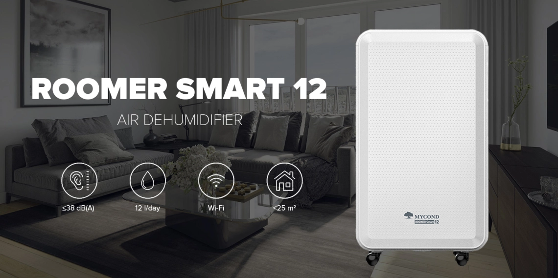 Kompaktní odvlhčovač MyCond Roomer Smart 12 určený pro použití v obytných prostorách.