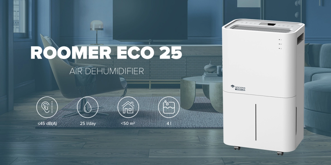 Kompaktní odvlhčovač MyCond Roomer Eco 25 ideální pro domácí použití.