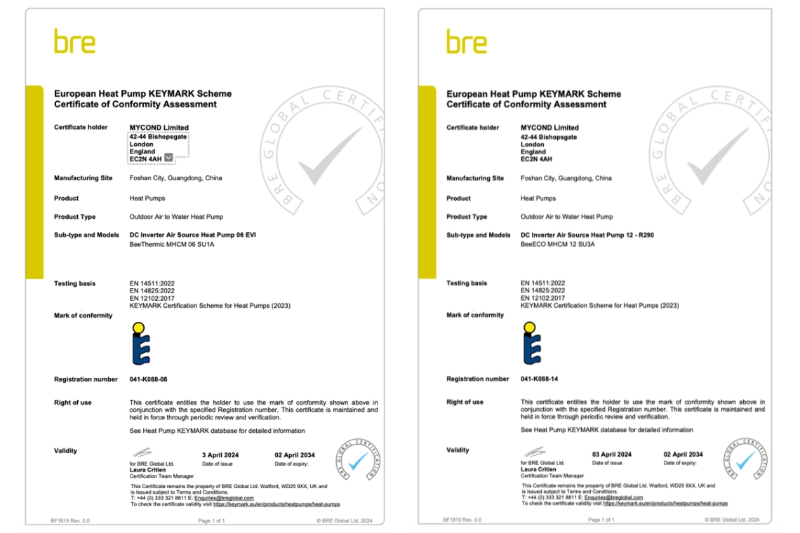 Tepelná čerpadla Mycond certifikována Keymark pro shodu s efektivitou.
