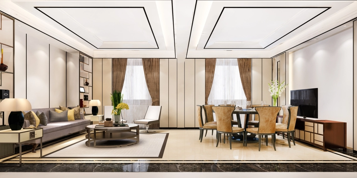 MyCond Luxusní moderní jídelna a obývací pokoj s tepelným čerpadlem integrovaným do interiéru.