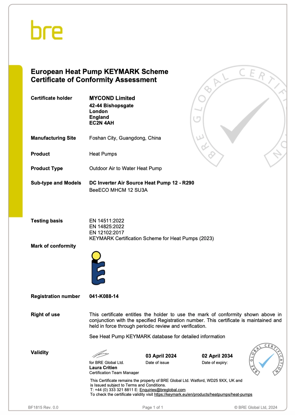 Mycond BeeEco certifikát shody KEYMARK