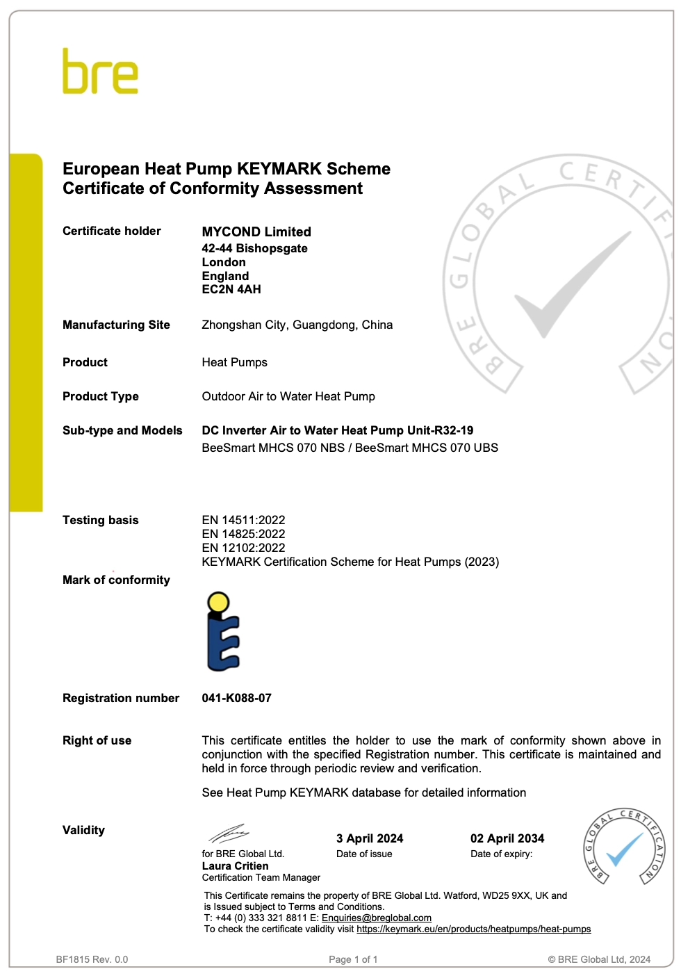 Certifikát MyCond BeeSmart All-in-One KEYMARK