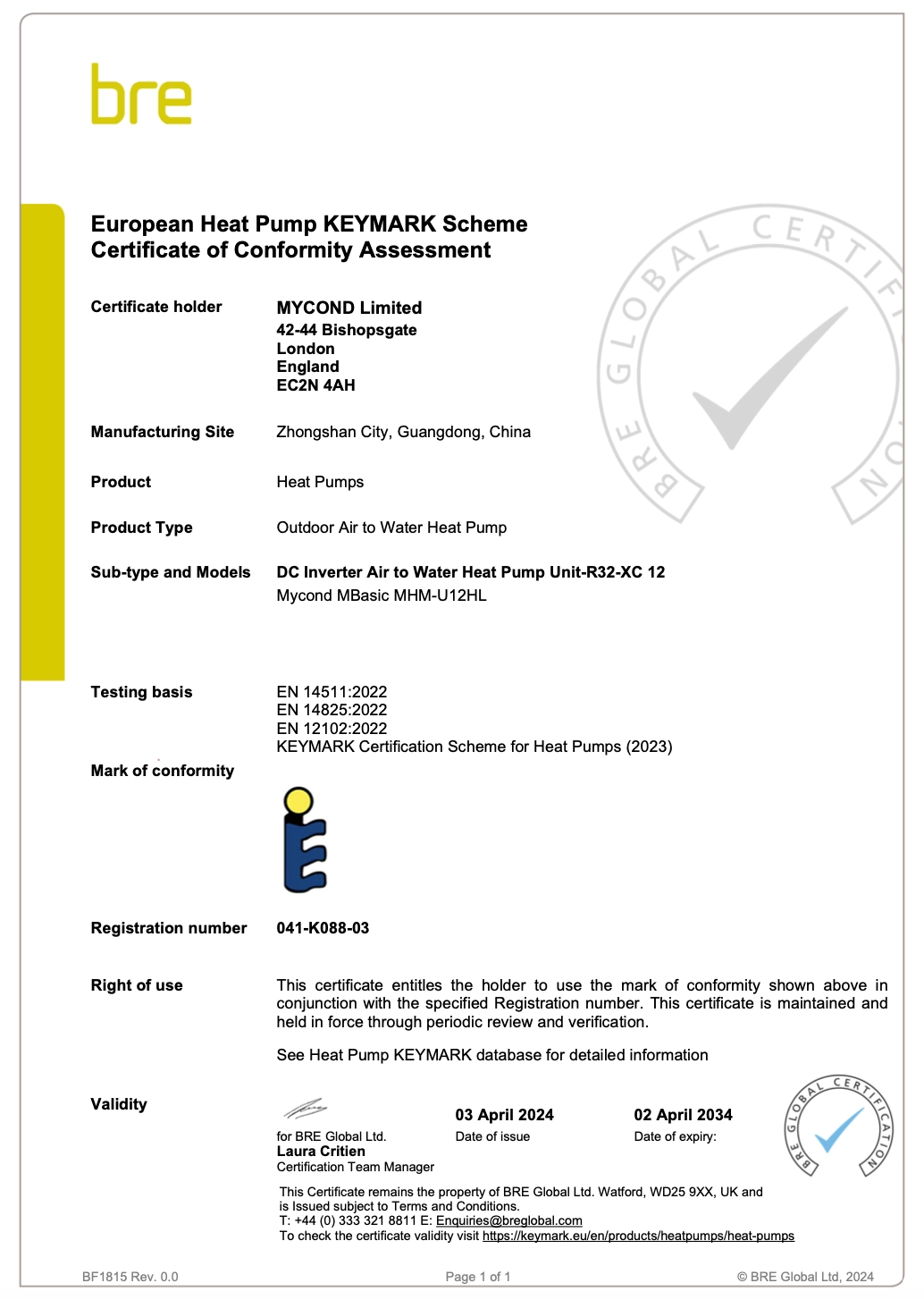 MyCond MBasic certifikát shody KEYMARK