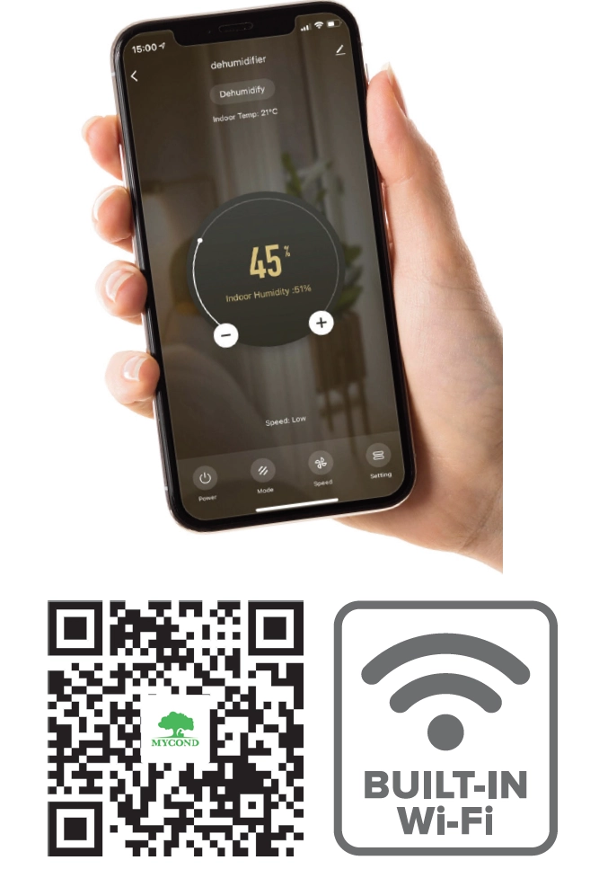 Odvlhčovač vzduchu MyCond Roomer Smart 25 se zvýrazněnými funkcemi energetické účinnosti.