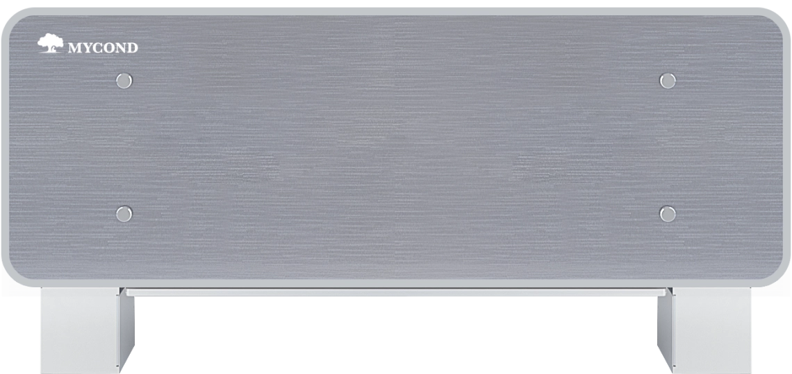 MyCond Silver Glass Low Elegantní stříbrná skleněná ventilátorová jednotka pro účinnou klimatizaci.