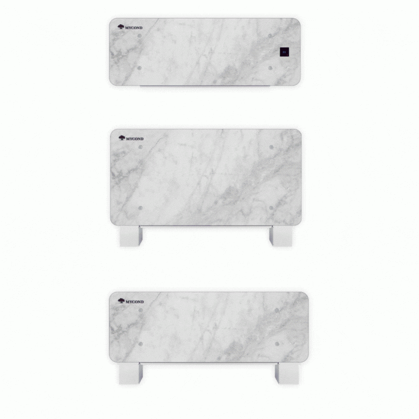 MyCond Silver Glass Wall Moderní nástěnná jednotka fan coilu ve stříbrném skleněném provedení.