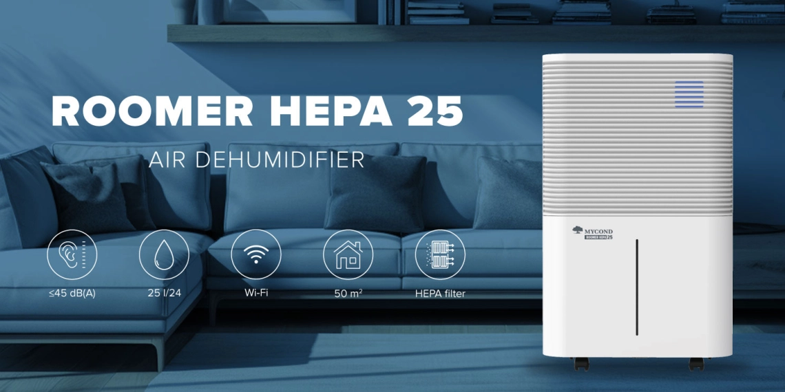 Tichý odvlhčovač vzduchu MyCond Roomer Hepa 25 pro účinnou regulaci vlhkosti.