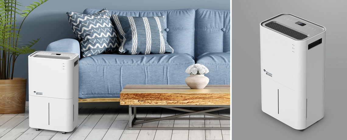 Stylový bílý odvlhčovač MyCond Roomer Eco 25 v akci.