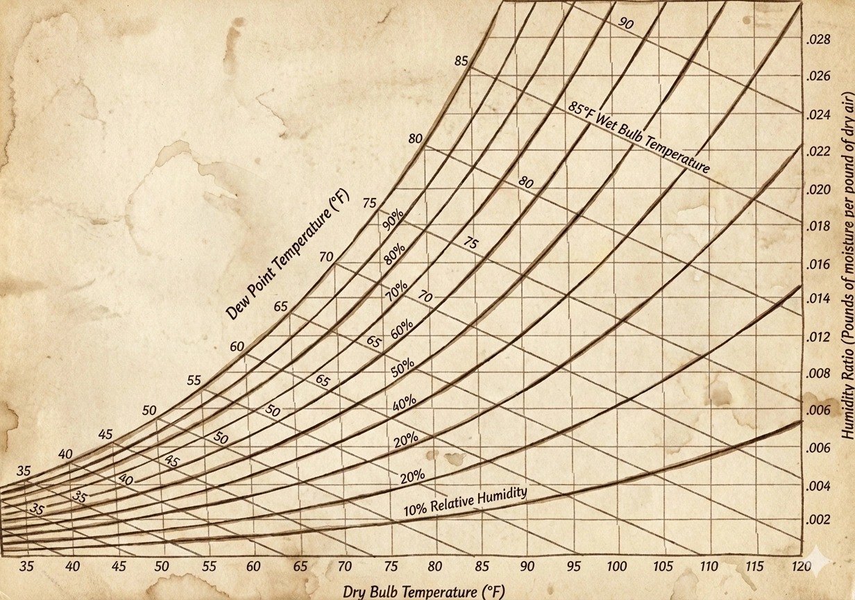 Psychrometrický diagram 7 klíčových parametrů vlhkého vzduchu pro HVAC
